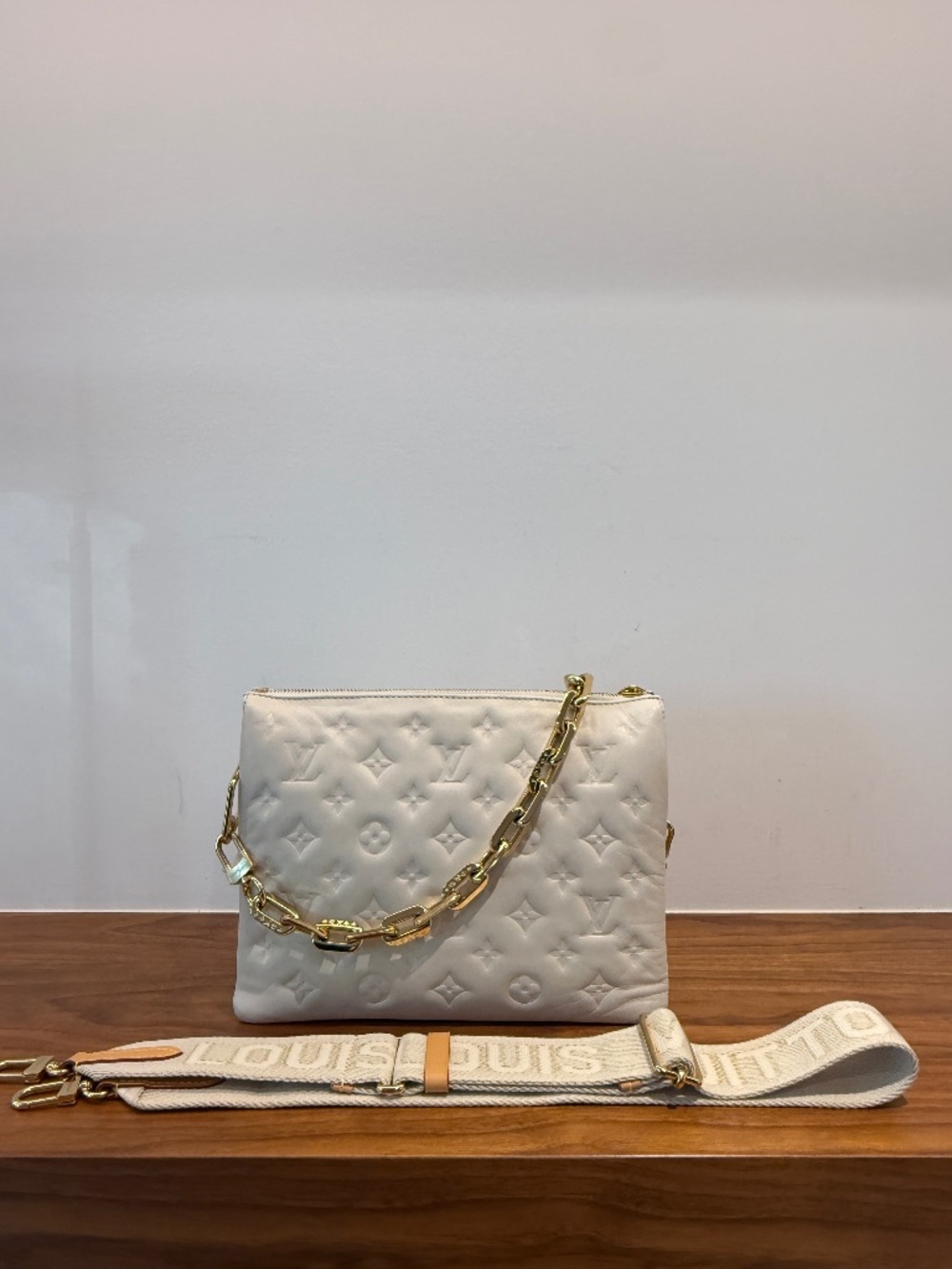 Louis Vuitton Lambskin Embossed Monogram Coussin PM Beige Cream